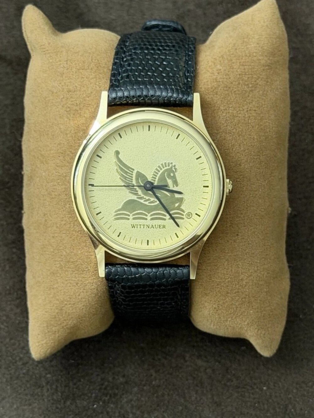 Wittnauer Pegasus Quartz Analog Watch Gold Dial Gold Plated Case Black Leather